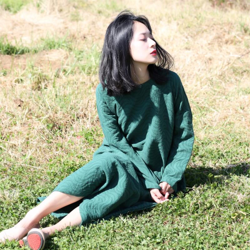 Nhân vật ~ văn học dân tộc phong cách Zen nước gợn sóng mỏng dày cotton dài tay áo dài váy áo choàng váy đen dài qua gối