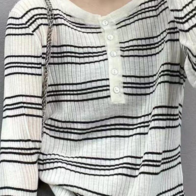 25 Spring and Autumn New Style Half-Open Round Neck Thin Striped Wool Sweater for Women, Pullover Loose Striped Base Knitwear, Korean Style