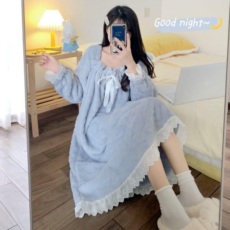 Coral Velvet Nightgown for Women in Winter, Fleece-Lined and Thickened, Loose Mid-Length Style for Pregnant Women, Spring and Autumn Pajamas, Long-Sleeved Plus-Size Dress Coral Velvet Nightgown for Women in Winter, Fleece-Lined and Thickened, Loose Mid-Length Style for Pregnant Women, Spring and Autumn Pajamas, Long-Sleeved Plus-Size Dress