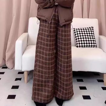 Fleece-Lined Thick Woolen High-Waisted Versatile Casual Wide-Leg Pants, New Autumn and Winter Fashion Retro Plaid Style