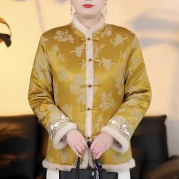 Autumn and Winter New Chinese-Style Cotton Jacket with Stand Collar and Button Closure for Women, Padded and Thickened Top with a National Style and Elegant Temperament, Suitable for Mothers