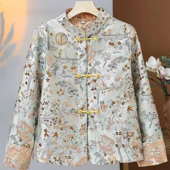 New Chinese-Style Reversible National Style Jacket, High-End Mother's Clothing, Elegant Autumn Outfit, Loose Stand-Up Collar, Padded Long-Sleeve Top for Women
