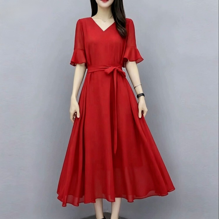 Red V Neck Bell Sleeve Dress for Women, Waist Slimming, Elegant Hepburn Style Mid-Length Dress, Elegant Young Mother Dress Red V Neck Bell Sleeve Dress for Women, Waist Slimming, Elegant Hepburn Style Mid-Length Dress, Elegant Young Mother Dress