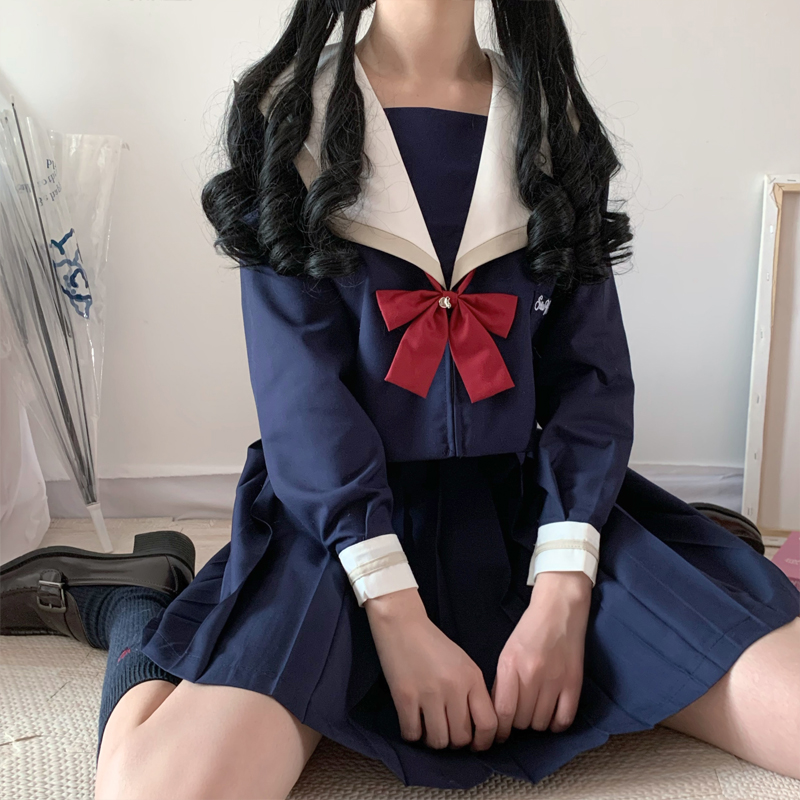 Jk uniform skirt genuine basic long sleeve middle suit academic style student navy collar sailor suit set