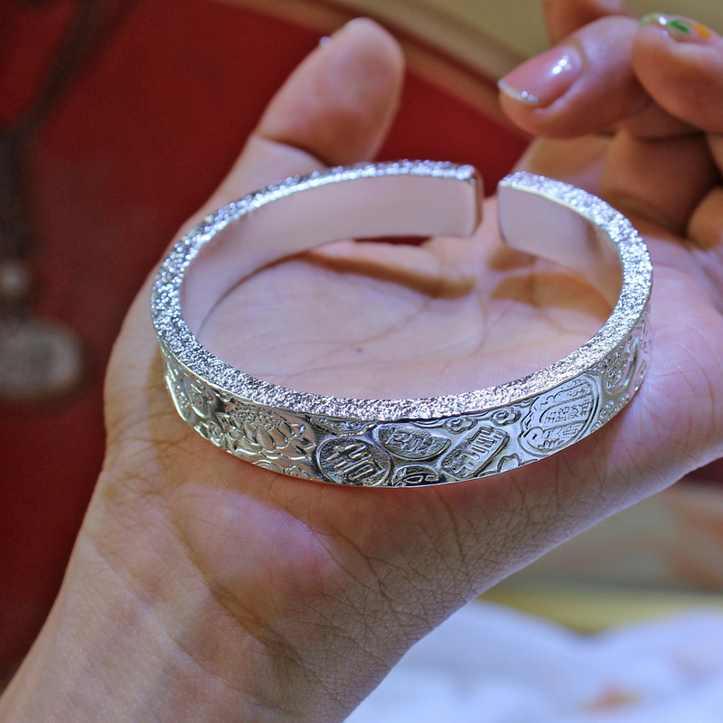 999 Pure Silver Solid Bracelet with Auspicious Words for Women, Open Wide Silver Jewelry, Hammered Pattern Bracelet for Men, Purely Handmade