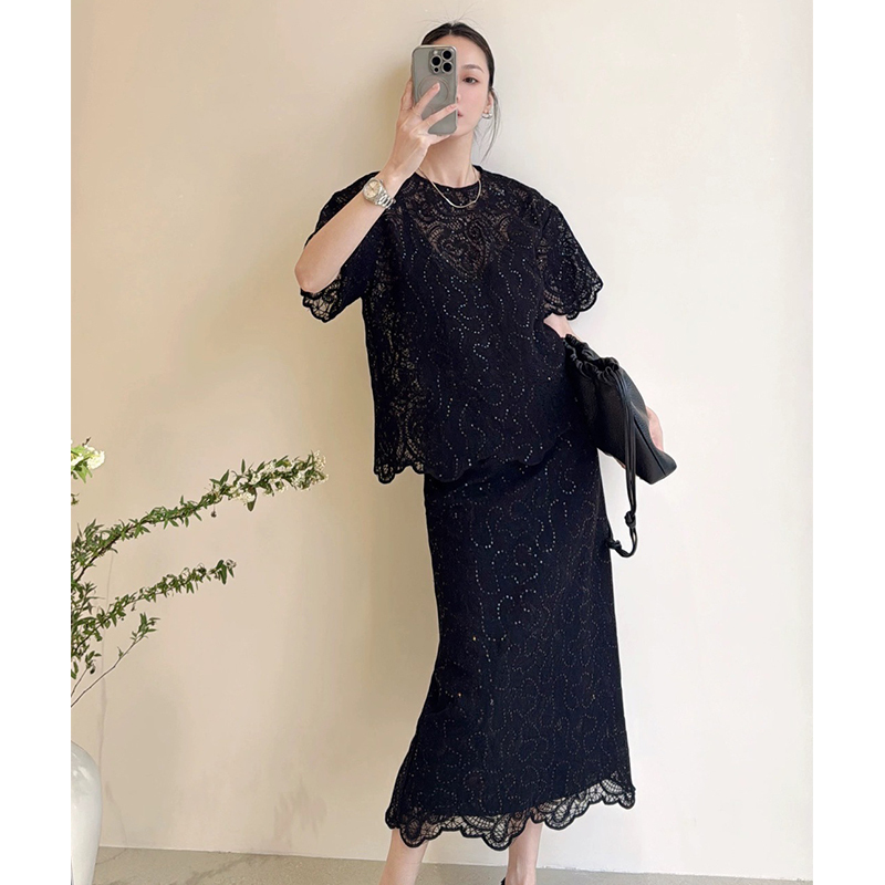 Socialite Elegant and Beautiful Suit Mulberry Silk Lined Lace Embroidered Sequined Short-Sleeved Top + Back Slit Skirt