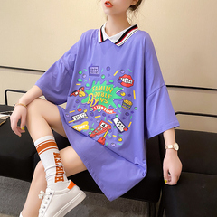 Real shot short sleeve T-shirt women's summer fashion new loose Korean polo collar medium length top large women's clothing