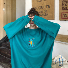 Real shot hong kong style medium length bodysuit women's spring and autumn thin loose blue-green round neck sleeve
