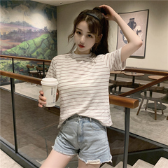 Real shot summer basic versatile stripe loose BF style simple short sleeve T-shirt for women