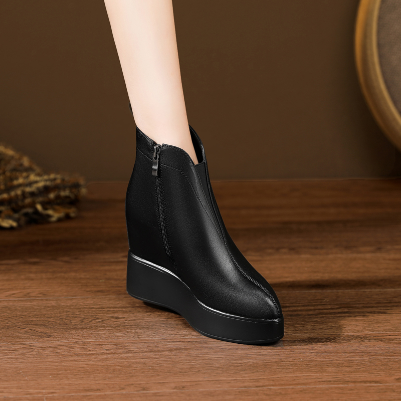 11cm Thick-Soled Martin Boots, New Autumn and Winter Style, French Style, Comfortable and Versatile, Height-Increasing Wedge Heel, Pointed-Toe Short Boots for Women