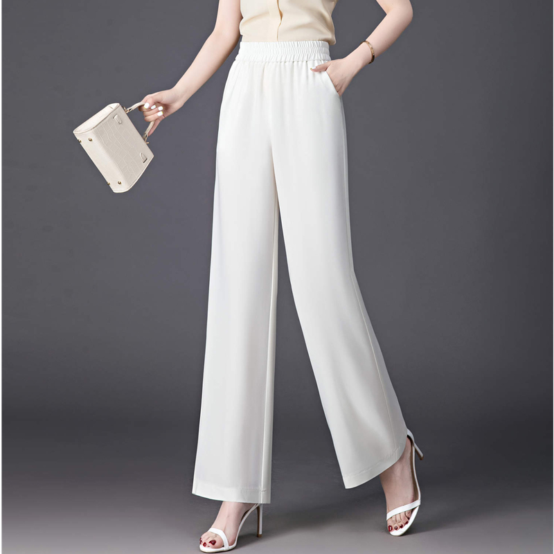 Silk Wide-Leg Pants for Women, Summer Thin Style 2025, High-Waisted, Drapey Silk Pants for Petite Women, Casual Straight-Leg Pants