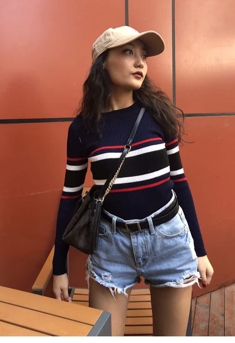 Áo thun sọc đáy cổ tròn bó sát áo len dài tay cơ bản retro hit áo thun mỏng màu áo len nữ áo len croptop