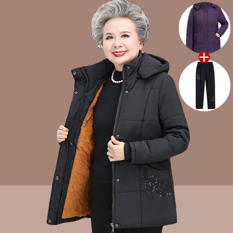 Middle-aged and elderly cotton clothes female grandma down cotton clothing plus suede thickened old lady old man's mother winter dress cotton padded jacket-Taobao