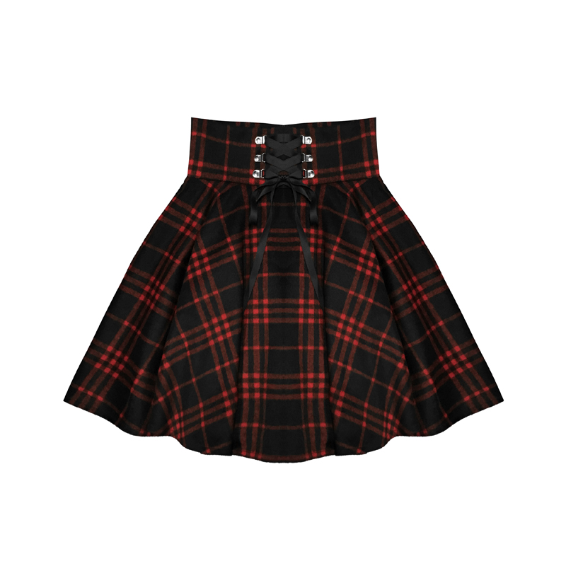 Spot original wide waist red and black grid retro girl dark skirt women's woolen high waist tutu skirt ins autumn and winter
