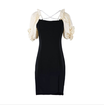 Spot retro Pearl chain shoulder bubble sleeve dress female summer split black champagne elegant