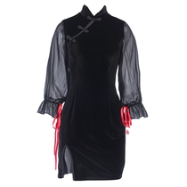 Spot National style girl cheongsam young modified cheongsam dress dark sexy little black dress short