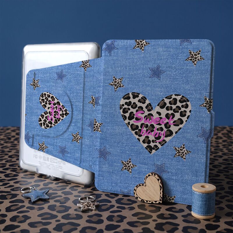 Suitable for Palm Reader Light4 Protective Case, Denim Leopard Print, Heart-Shaped Magnetic Detachable Horizontal and Vertical Rotating Tablet Cover, Compatible with Kindle 658 Sleep Mode, Hanwang Clear6 Turbo, Stylish Transparent Design Suitable for Palm Reader Light4 Protective Case, Denim Leopard Print, Heart-Shaped Magnetic Detachable Horizontal and Vertical Rotating Tablet Cover, Compatible with Kindle 658 Sleep Mode, Hanwang Clear6 Turbo, Stylish Transparent Design