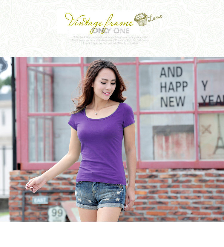 纯棉短袖t恤女U领短款夏装韩范修身百搭性感纯色打底衫半袖女体恤详情28