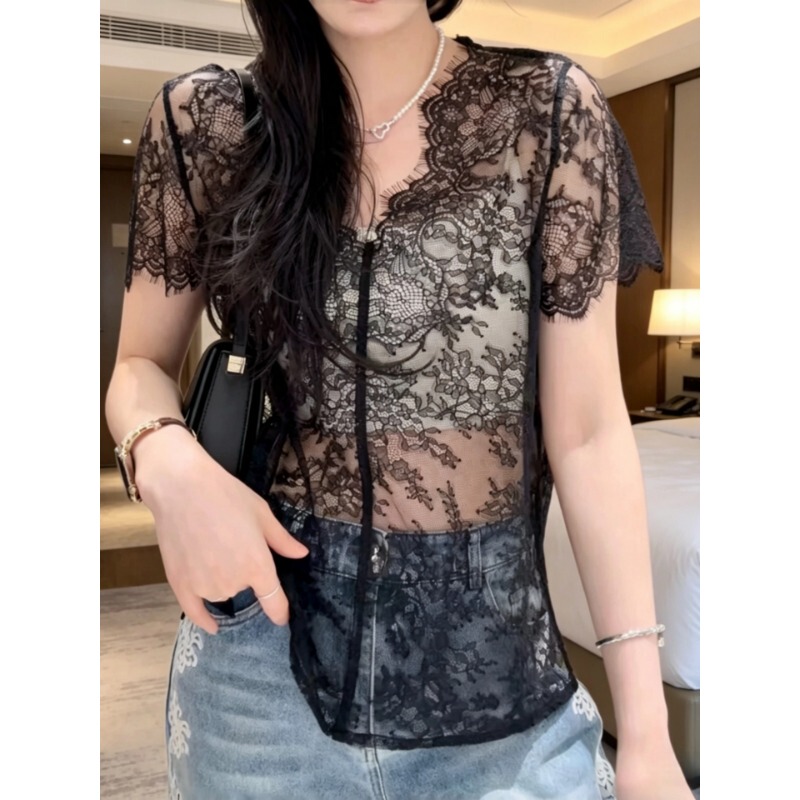 National Style Lace V-Neck Short-Sleeve Women's Top 2026 Summer Black See-Through Versatile Sexy Base Shirt with Lace Splicing Trendy