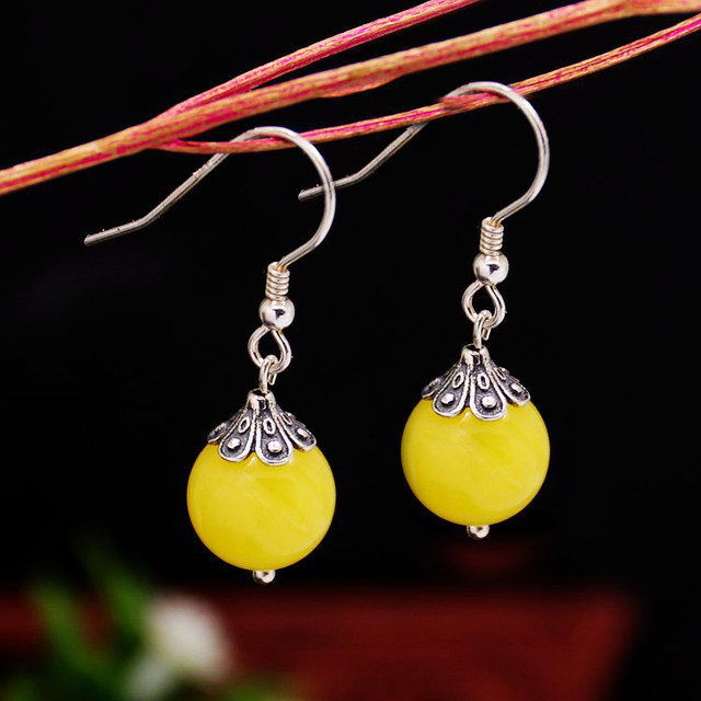 S925 sterling silver earrings empty earrings earrings retro women's round beads DIY beeswax turquoise amber inlaid support