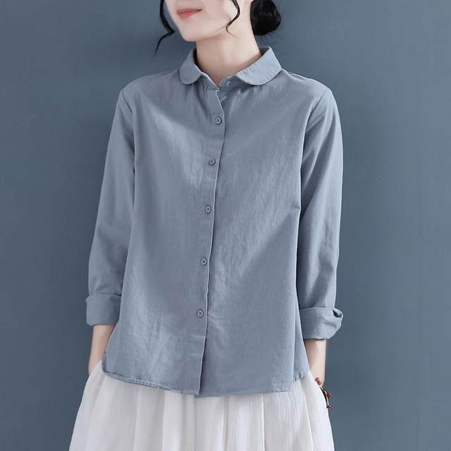 Pure cotton shirt women's spring new design sense round neck retro long-sleeved cotton and linen shirt linen professional fashion top