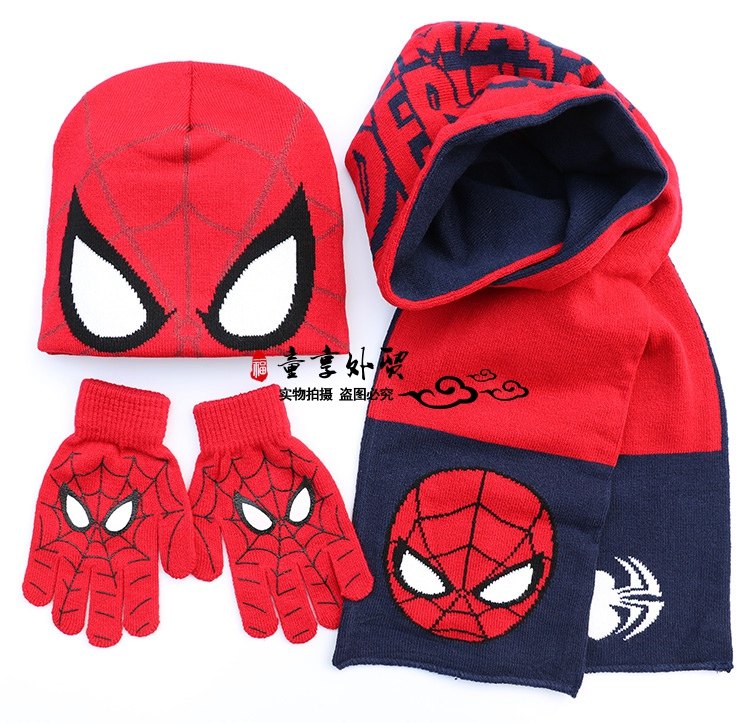 Children's Spider-Man Hat Scarf Gloves Boys Boys Autumn and Winter Wool Hat Scarf Kids Outdoor Warm