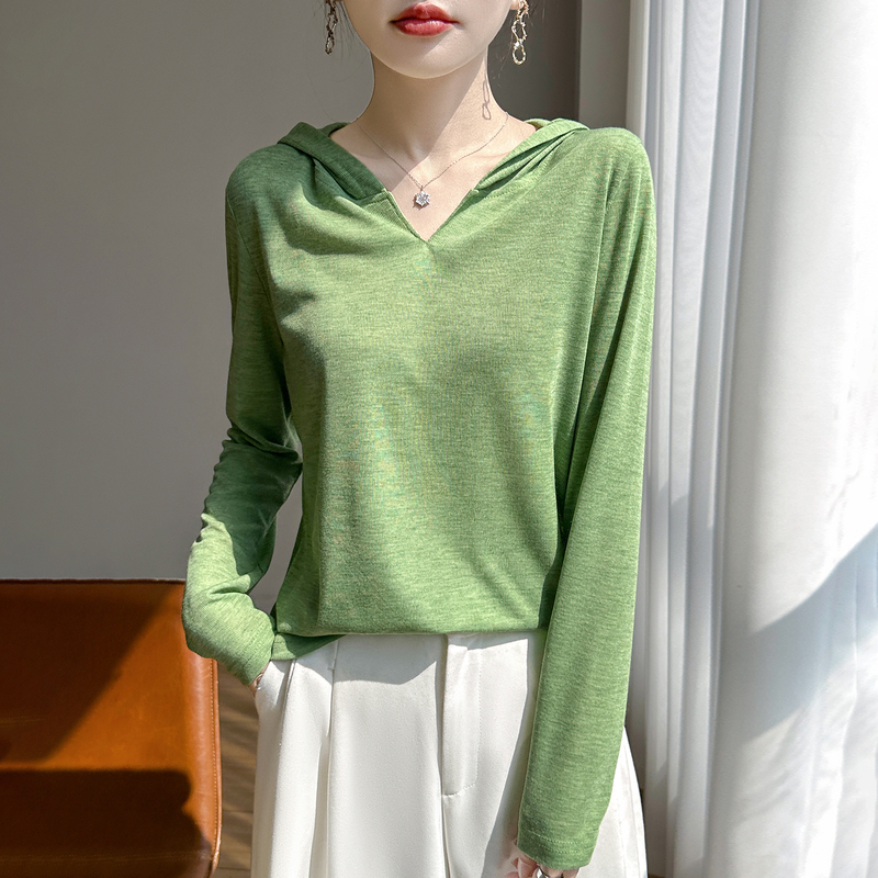 26 Spring/Summer Hooded Loose Long Sleeve Sun Protection Knitted T-Shirt for Women, Thin and Skin-Friendly, Versatile Layering Base Casual Top