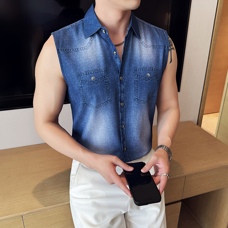 Fitness Denim Vest Shirt for Men, Summer Thin Style, High-End, Cool and Stylish, Ice Silk Sleeveless Shirt with a Turn-Down Collar