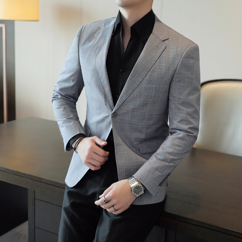 Plaid Suit for Men, High-End, Slim Fit, Korean Style, Trendy, Cool, Business Casual Suit Jacket, Large Size, Autumn Coat