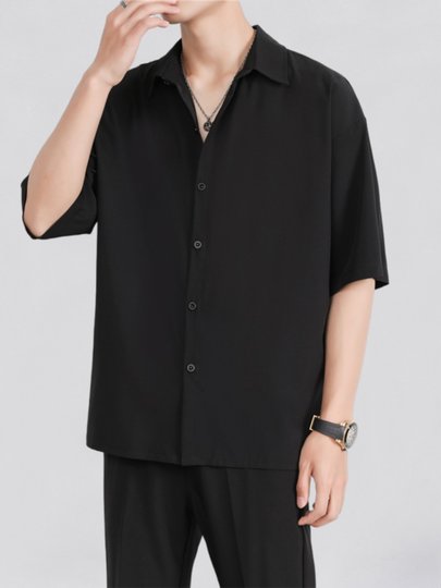 Hong Kong Style Drapey Ice Silk Shirt for Men, Short-Sleeved, Loose-Fitting, Black, High-End Feel, Summer Thin Style ins Cool and Casual Shirt