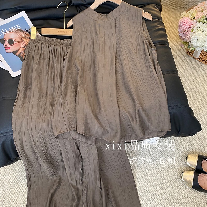 European Tencel Cotton Suit for Women 2026 Summer New Style Cool Wrinkle-Resistant Casual Sleeveless Vest Wide-Leg Pants Two-Piece Set