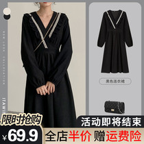 Black Hepburn style jumpsuit 2021 new womens style chic little long skirt slim