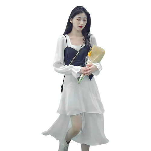 Белое платье, комплект, осенняя длинная юбка, эффект подтяжки, французский стиль