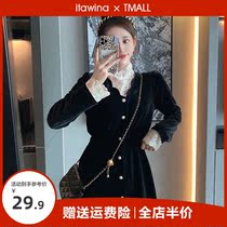 Dont make long dresses golden velvet black one-piece dress French style Hepburn Early spring Girl dress 2022 New summer