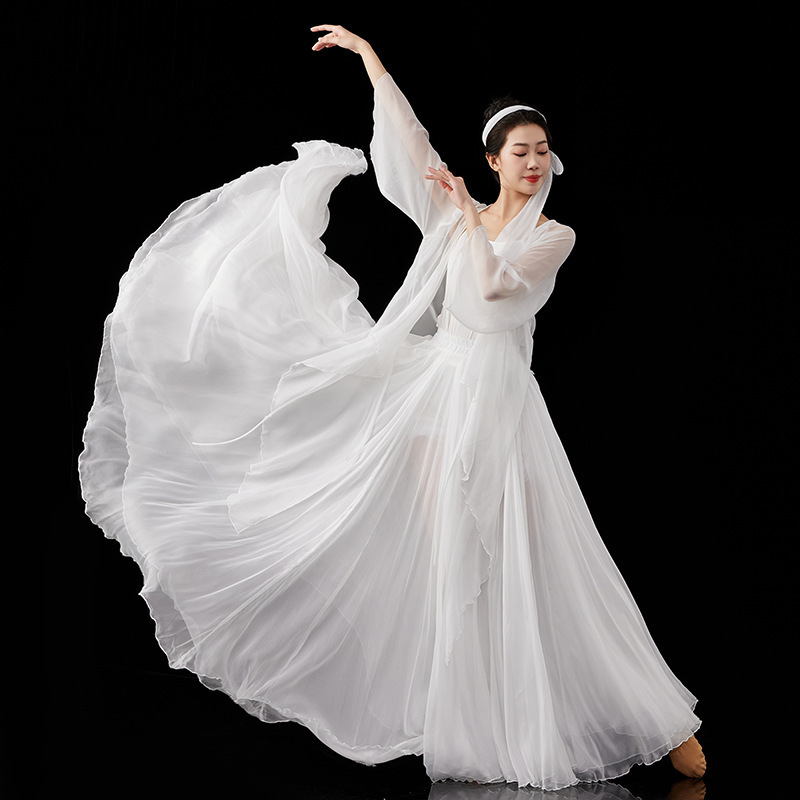 Classical Dance Practice Clothes, Chinese-Style Performance Costumes, Elegant Double-Layered Tencel Gauze Clothing, 720-Degree Large Swing Skirt