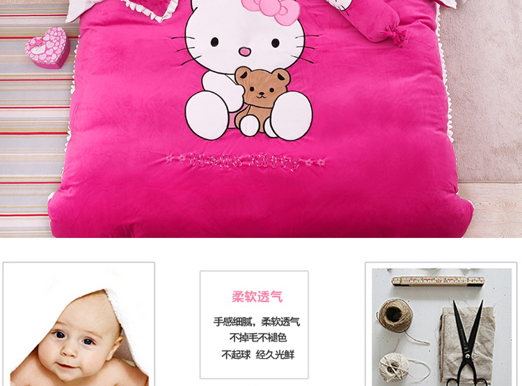 Váy ngủ kt Hello Kitty mùa đông pha lê nhung flannel nhung nhung ba hoặc bốn bộ của phụ nữ công chúa gió lông cừu chăn đệm