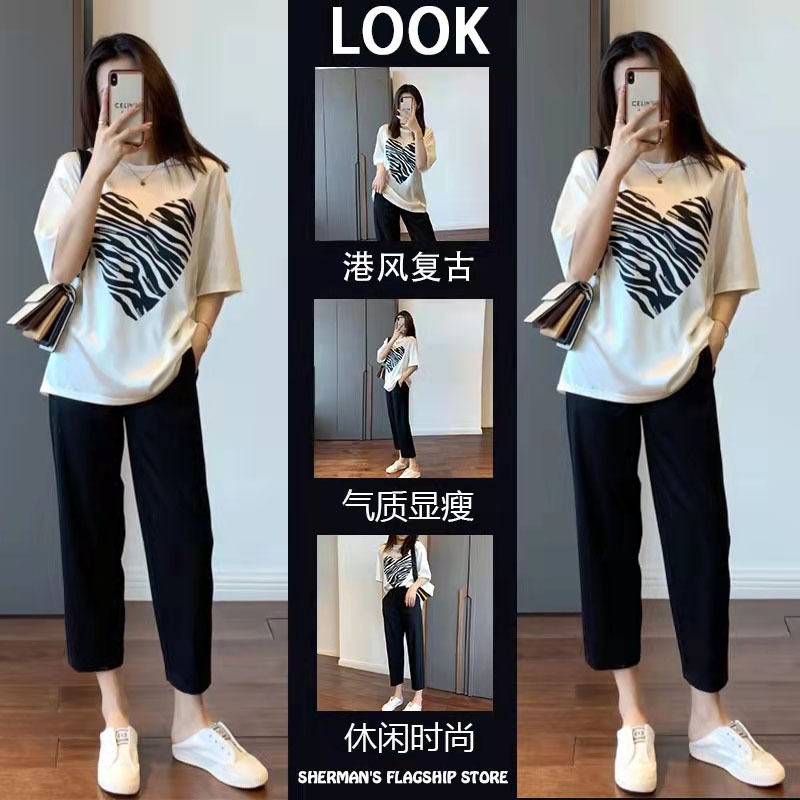 Pregnant Woman Summer Clothing Suit Out of Fashion subsection Summer Thin Short Sleeves Summer Casual Sports Net Red slim two-piece set