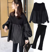 Maternity autumn and winter clothing set fashionable Internet celebrity new spring and autumn knitted large size tops womens sweatshirts and jackets two-piece set