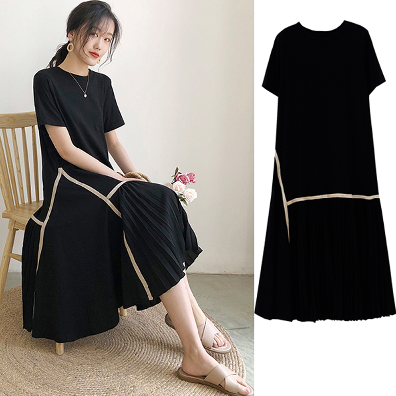 Pregnant Woman Summer Clothing Suit Stylish Summer Ocean Dress Boomer Short Sleeve Out Medium Long Version Loose Summer Dress