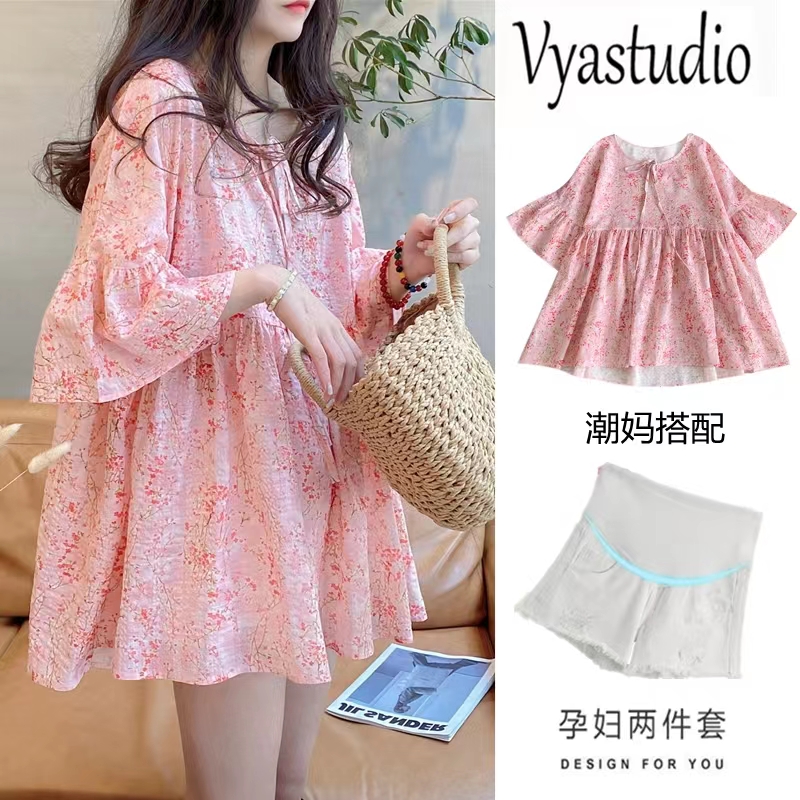 Pregnant women's blouses women's summer slim fit in medium long version shirt doll Shirt spinning summer clothes go out and suit two sets