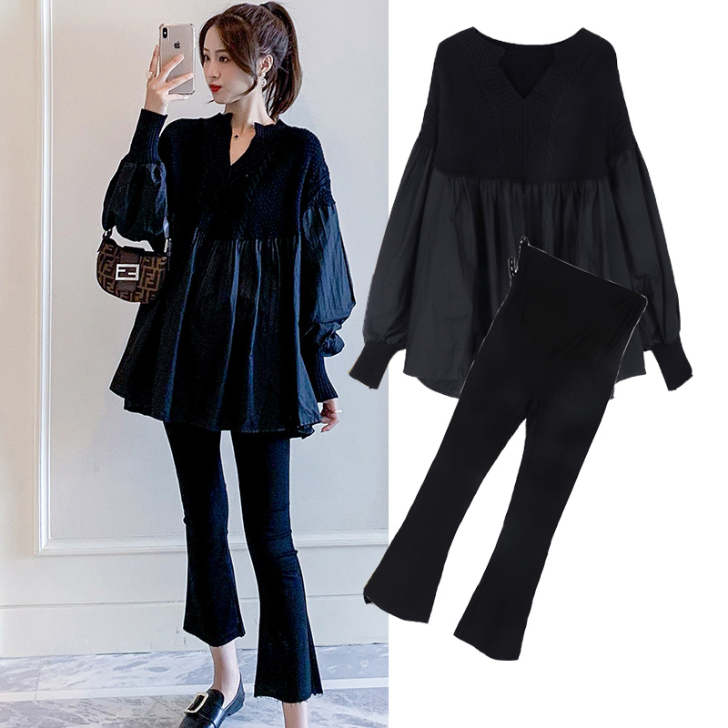 Maternity wear autumn and winter wear set fashion new style out of the tide mom net red spring and autumn knit loose plus-size two-piece set