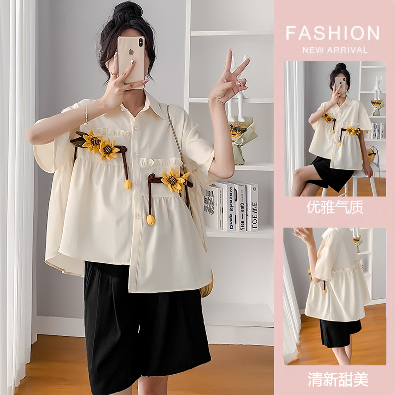 Pregnant Woman Shirt Doll Cardiovert Summer Snow Spinning Blouse Thin Pregnancy Belly short sleeve Summer clothing Han version suit Two sets