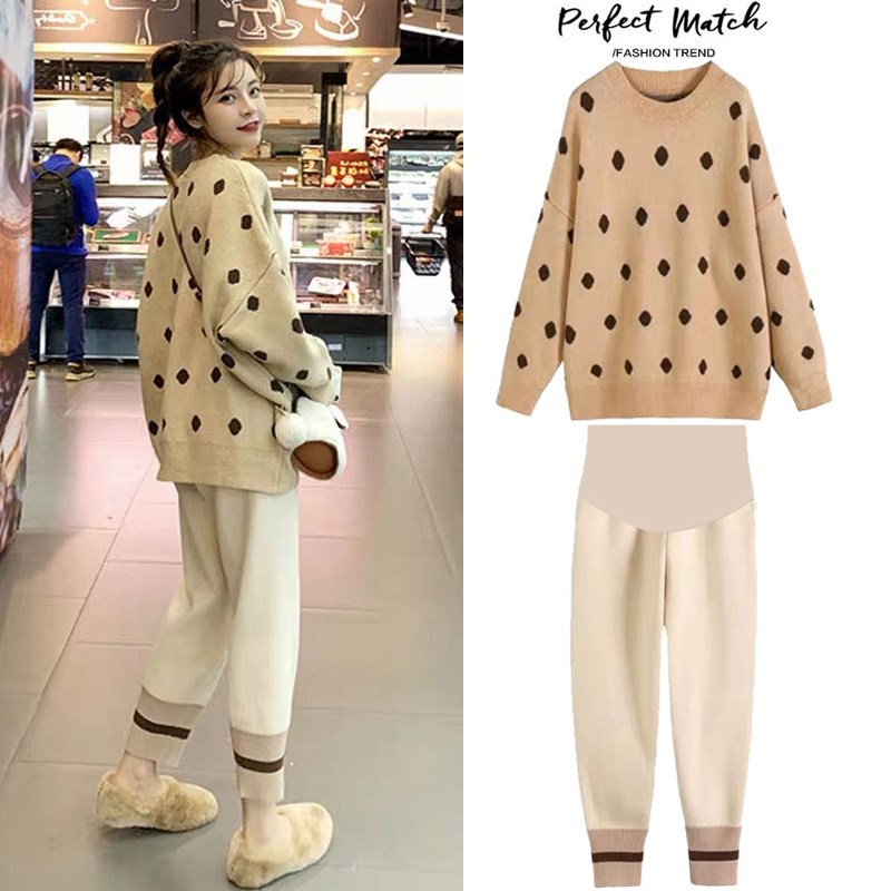 Pregnancy Woman Dress Autumn Winter Style Suit Fashion New Middle And Long Section Tide Mother Out Online Red Knit Casual Thickening Two Sets
