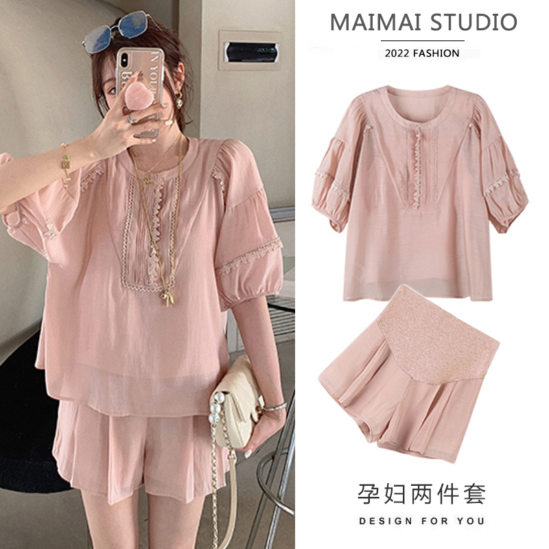 Pregnant woman summer clothing suit out of fashion models 2022 new loose large size for casual sports short sleeve shorts Two sets