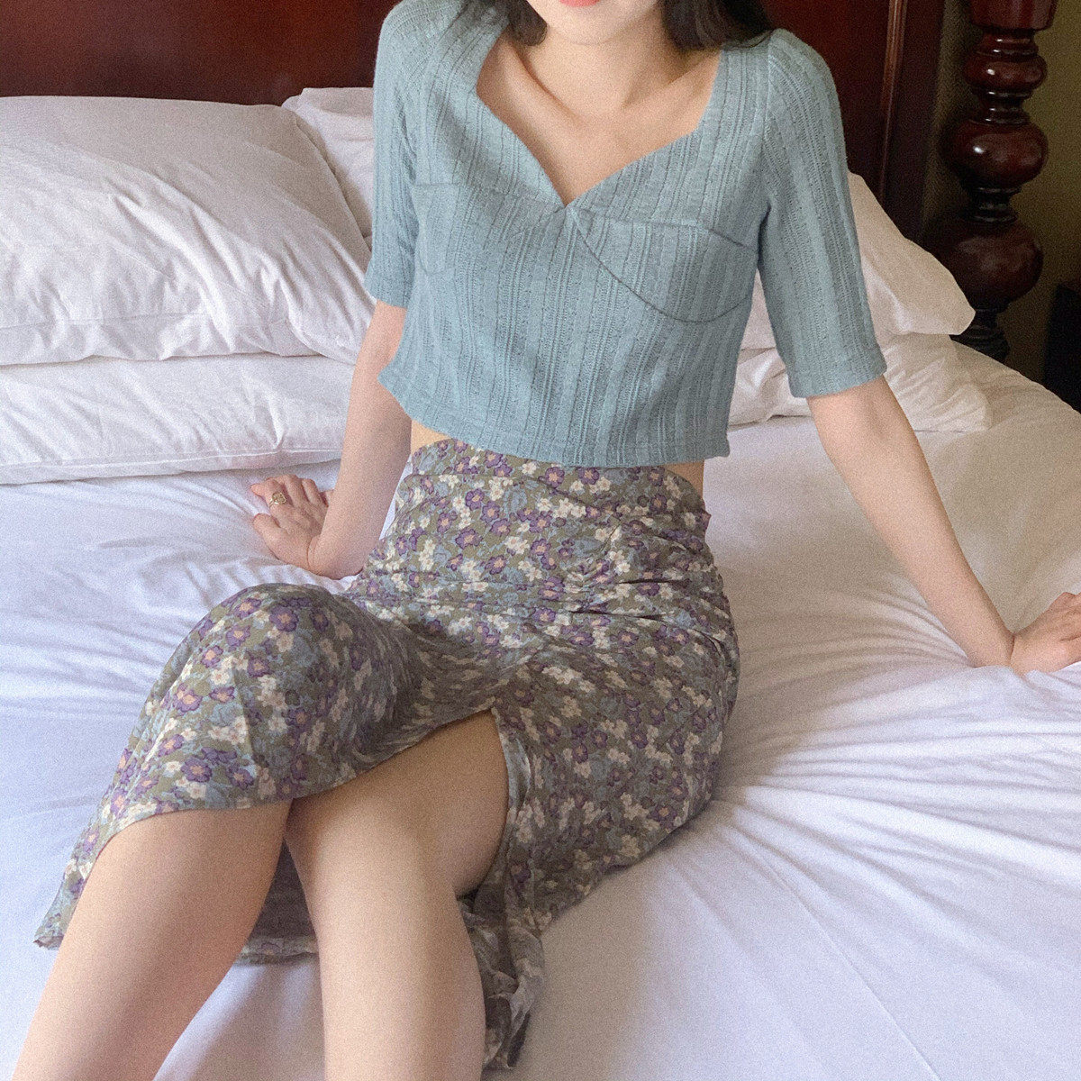 SYT School Flowers must be sexy opening fork Chopped Flowers Half Body Skirt Woman Summer New High Waist Retro Irregular Dresses