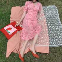 SYT small sweet v-neck floral dress 2021 new spring retro cherry pink super fairy short-sleeved bellflower skirt