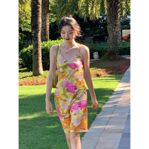 SYT summer Roman retro great flower hanging with skirt woman V collar Sexy dew back broken flower Long dress Holiday Lie dress