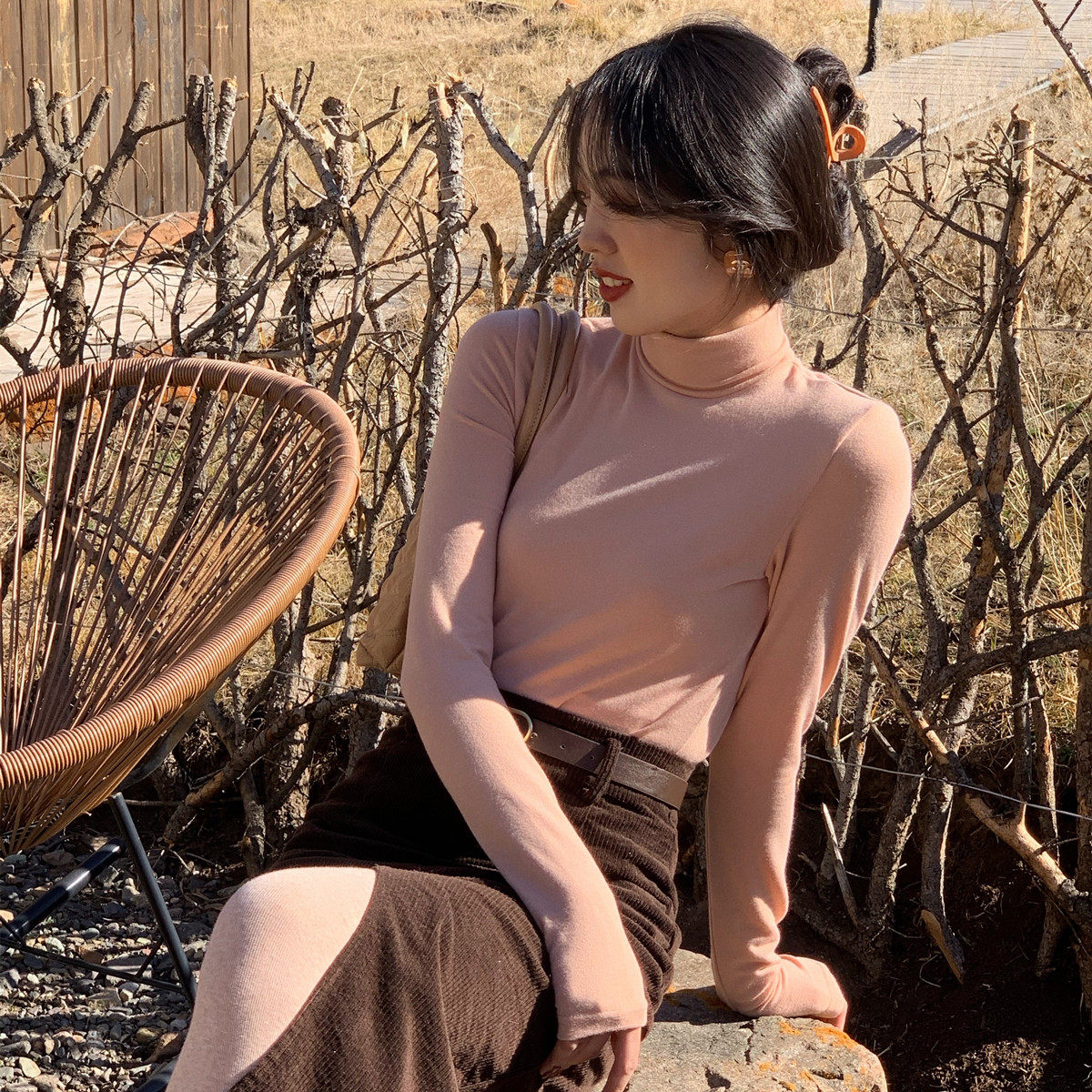 SYT autumn winter king fries base pure color minimalist about undershirt woman autumn and winter workout high collar knit blouse T-shirt