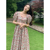 SYT Retro Little Frescoed style Broken Flowers dress Dress Woman Summer Short Sleeve Square Collar Middle Long Skirt Hollowed-out Dorsal Dresses