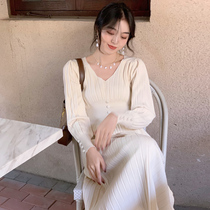 SYT Fairy Sisters V-neck knitted dress female autumn 2021 New French temperament over the knee Medium-length dress